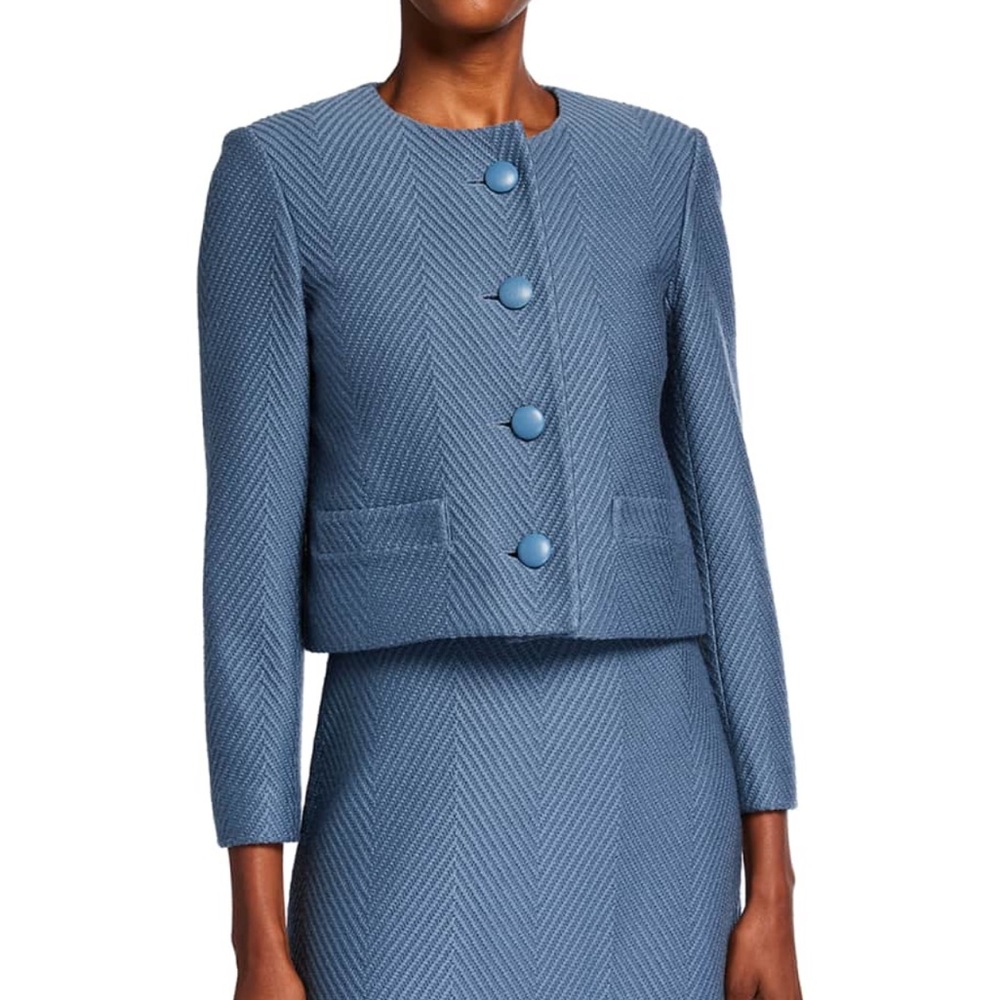 St. John Collection Wool Raised Herringbone Knit Jacket Blue Blazer Tailored Fit